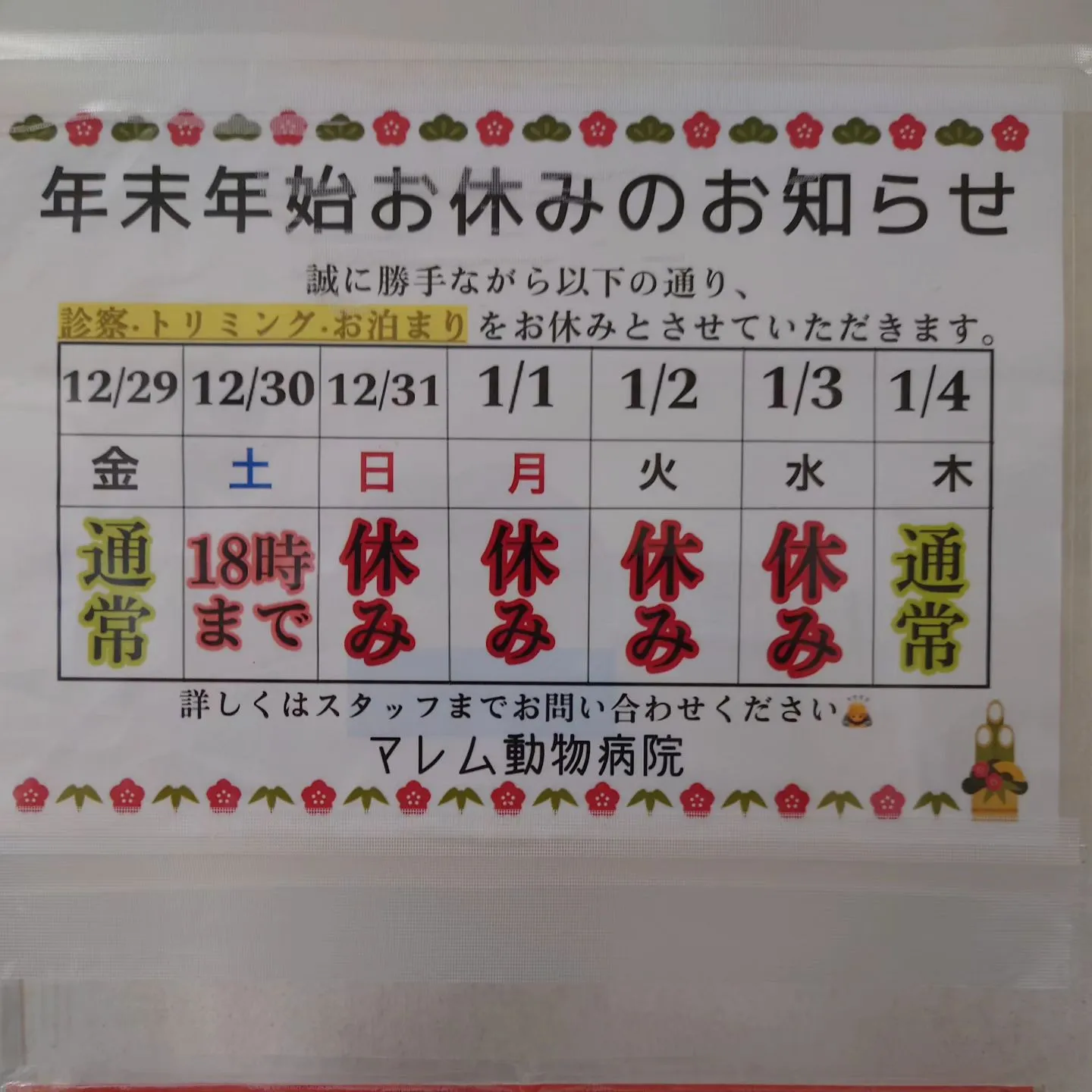【年末年始休暇のお知らせ】年末年始の休診【マレム動物病院】